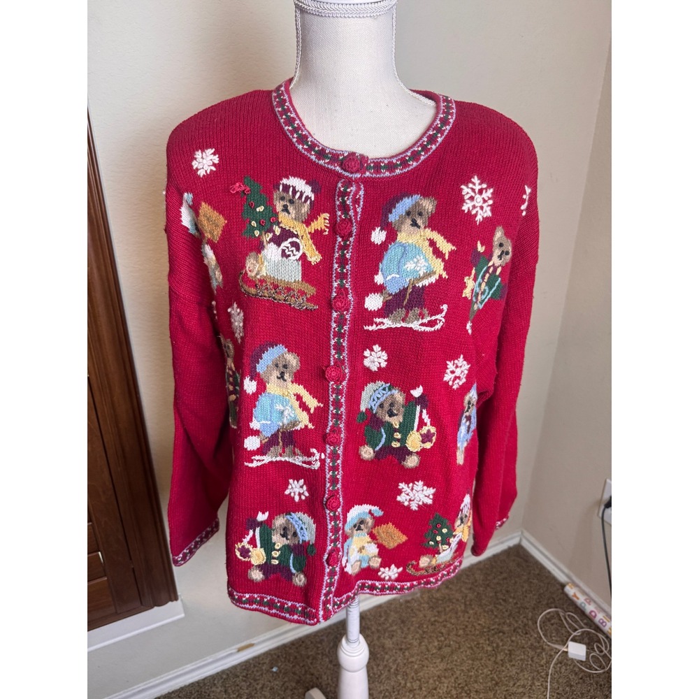 Vintage Heirloom Collectibles Christmas Teddy Bear Cardigan Red XL 1999 Holiday